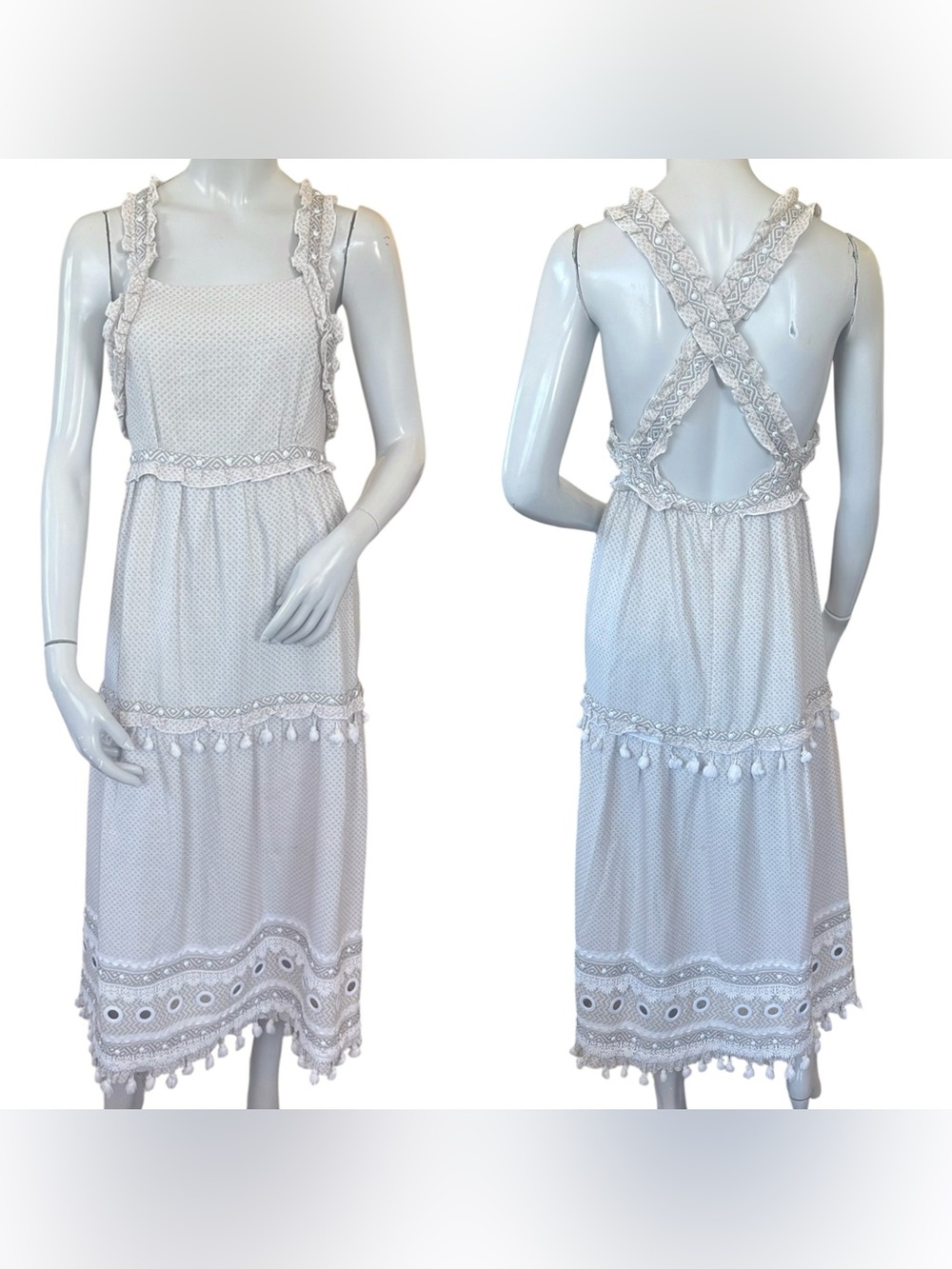 Dodo Bar Or Boho Cotton Beachy Ruffle Shell Tassel Trim Maxi Dress Size Small